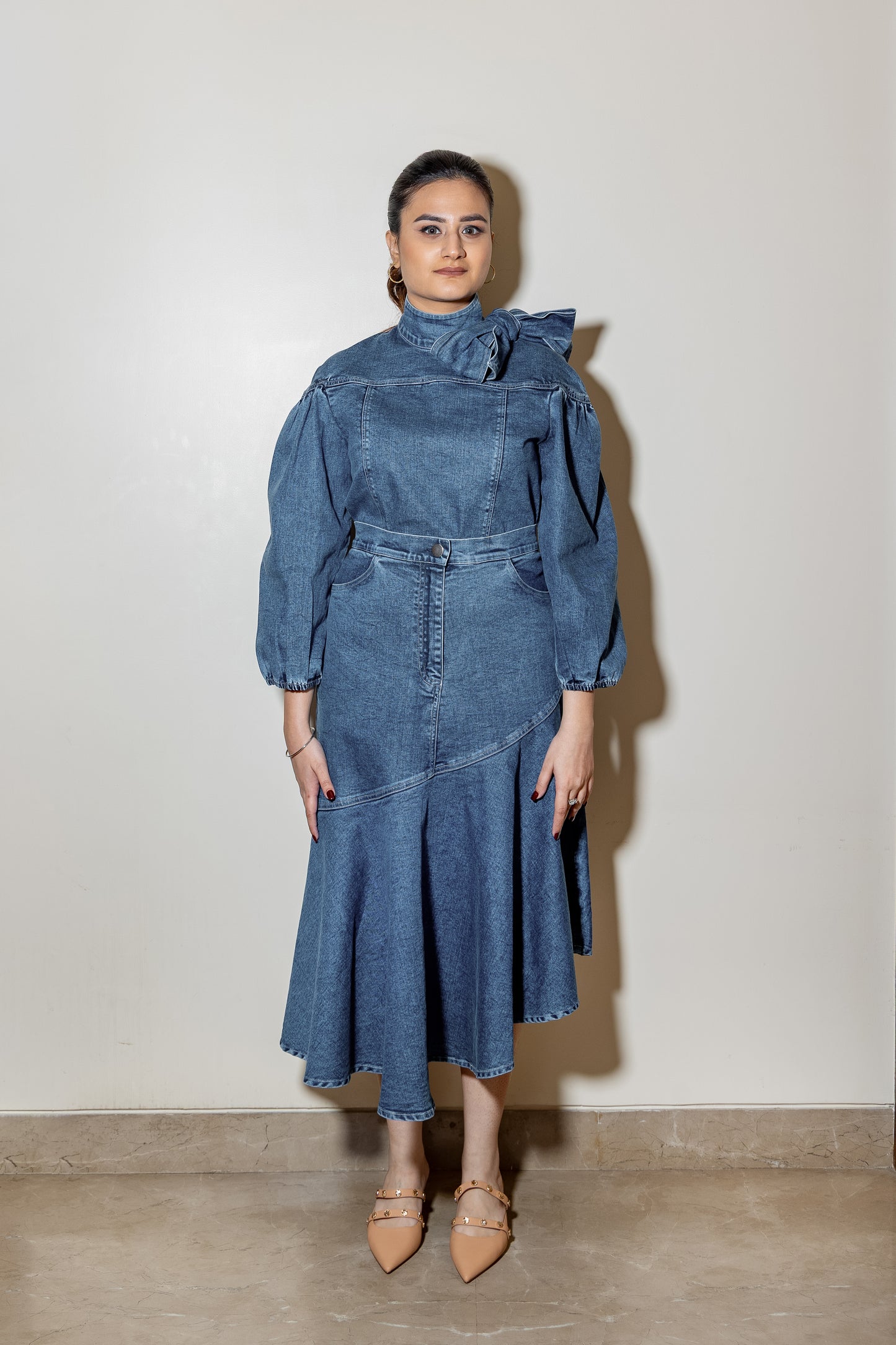 Denim Ruffle Neck Co-ord Set