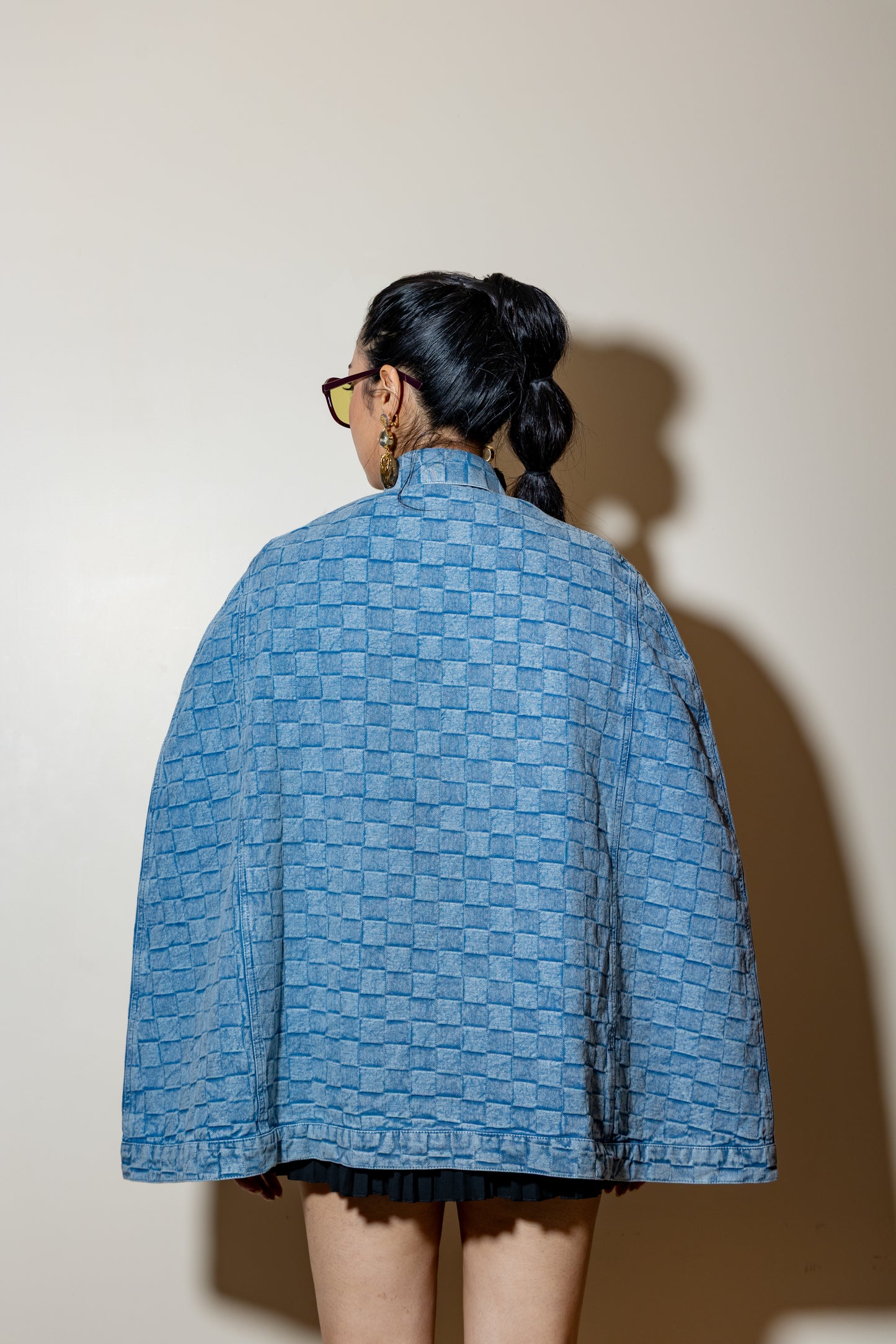 Button-Front Textured Denim Cape