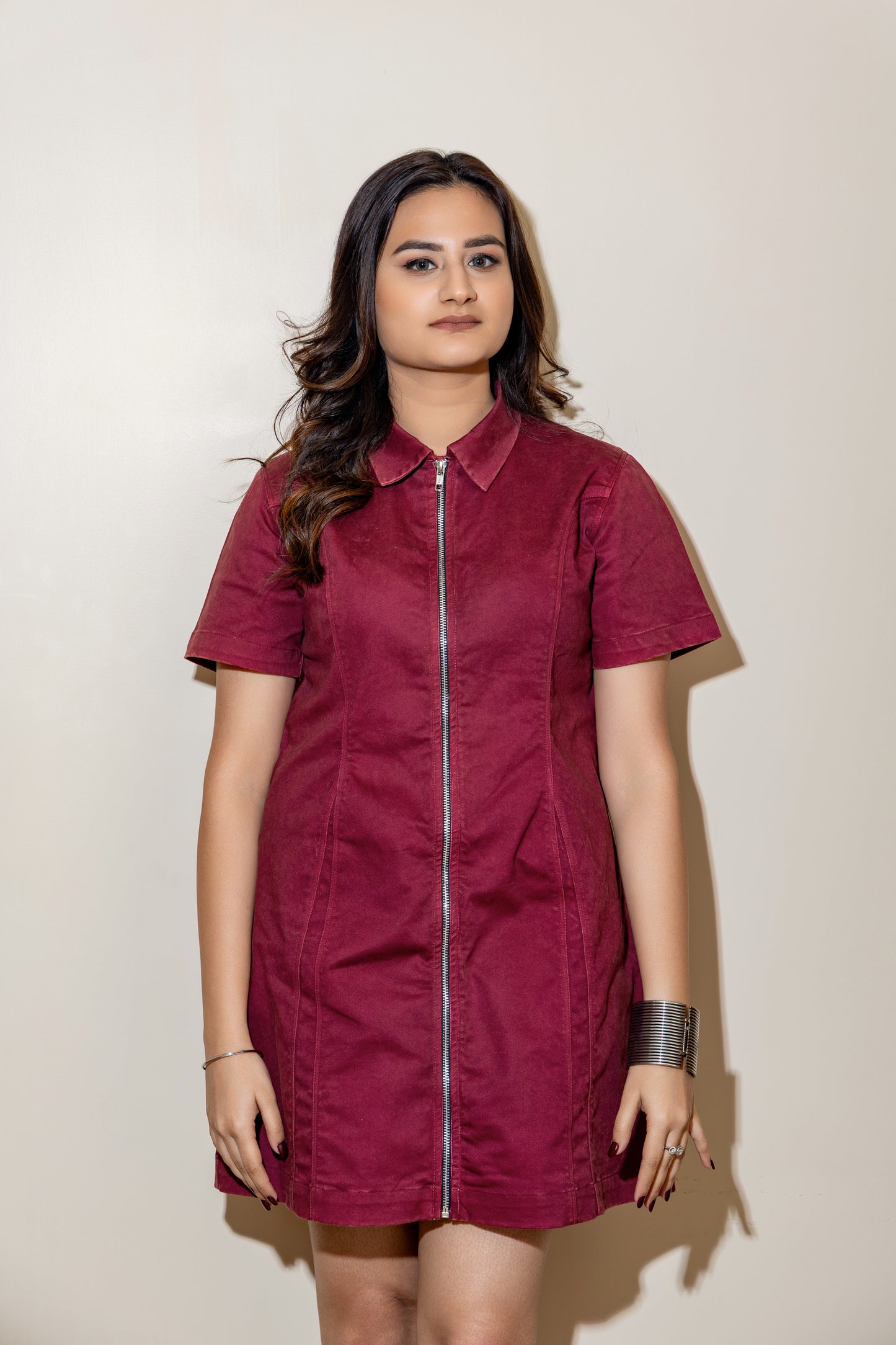 Wine Denim Zip Dress