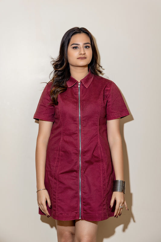 Wine Denim Zip Dress