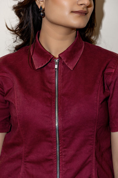 Wine Denim Zip Dress