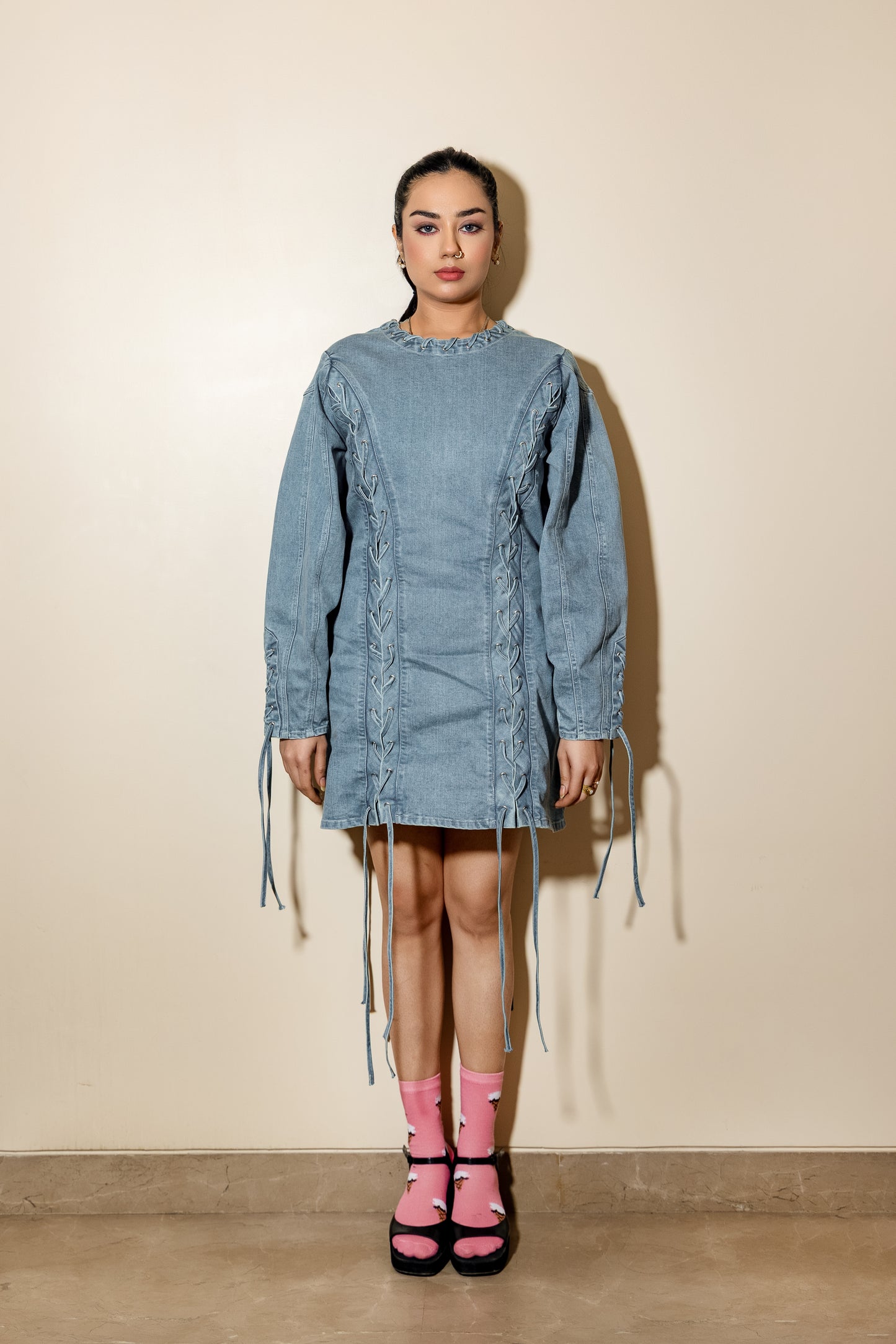 Lace-Up Denim Mini Dress