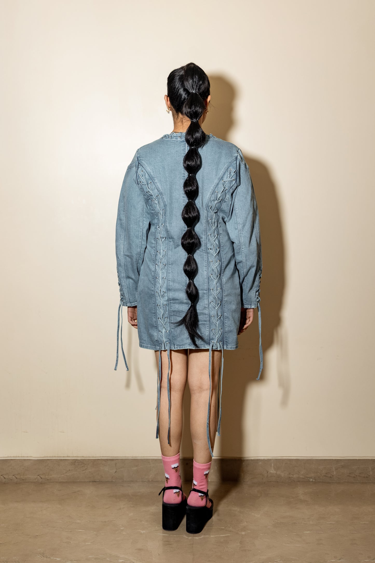 Lace-Up Denim Mini Dress