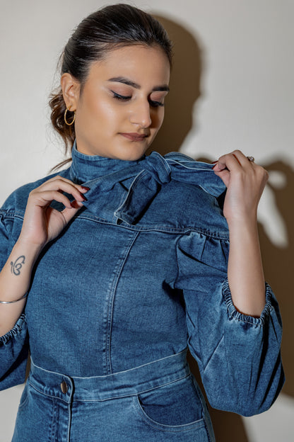 Denim Ruffle Neck Top