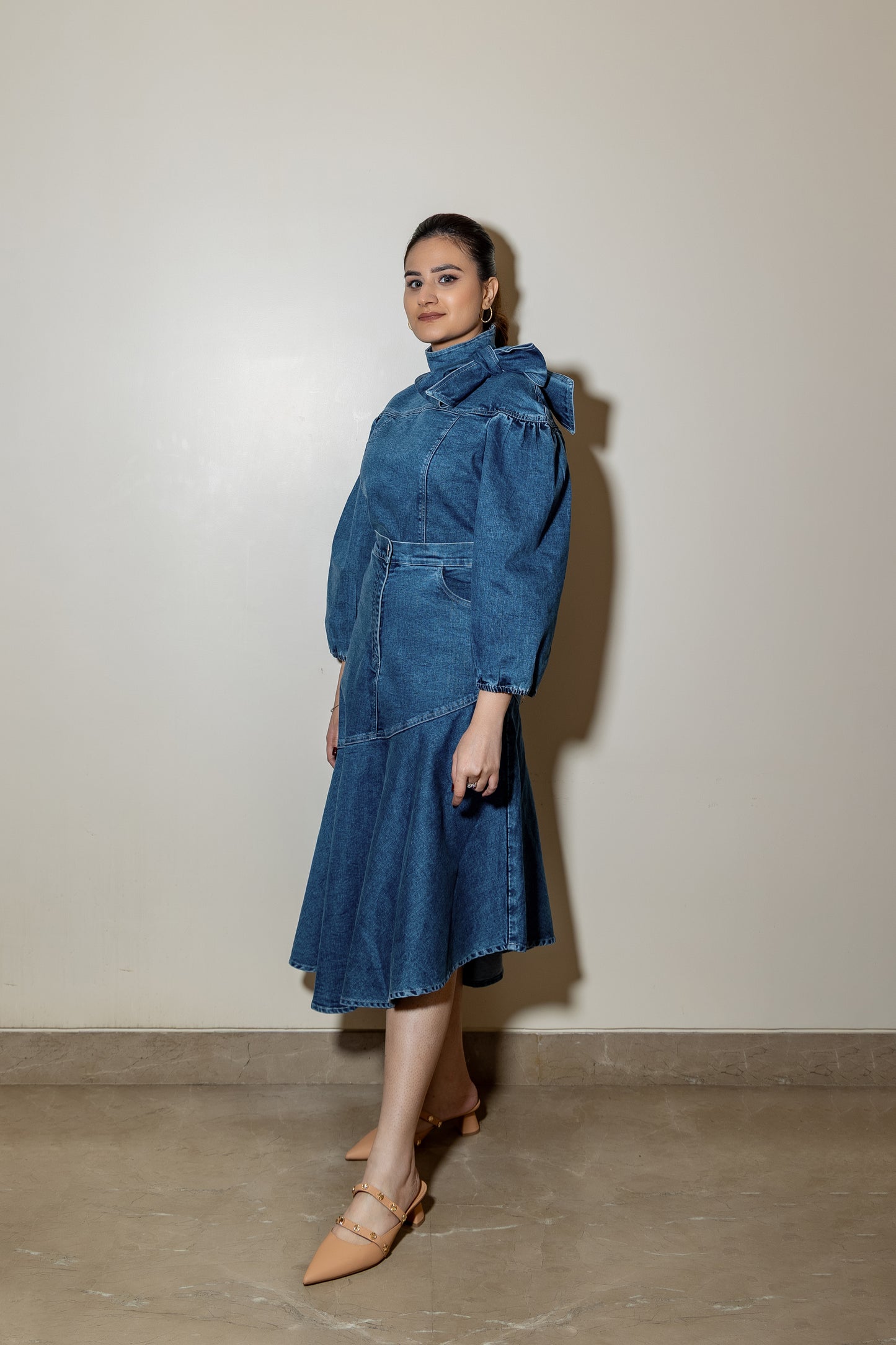 Denim Ruffle Neck Top