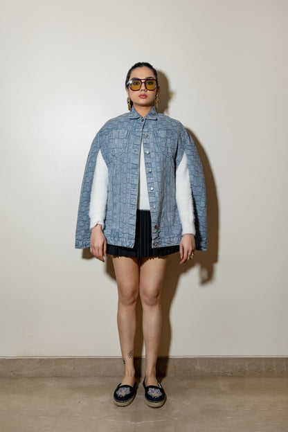 Button-Front Textured Denim Cape