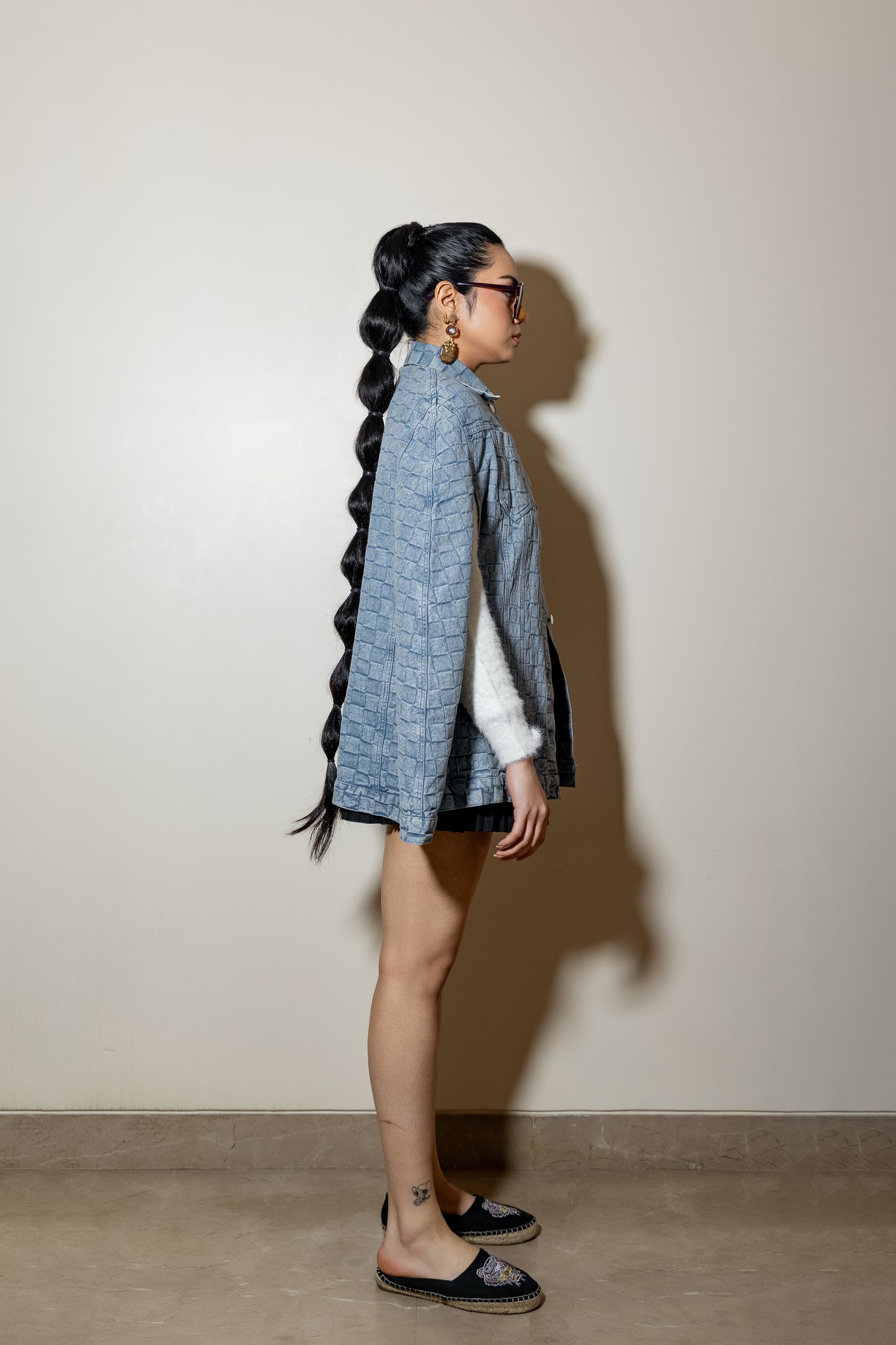 Button-Front Textured Denim Cape