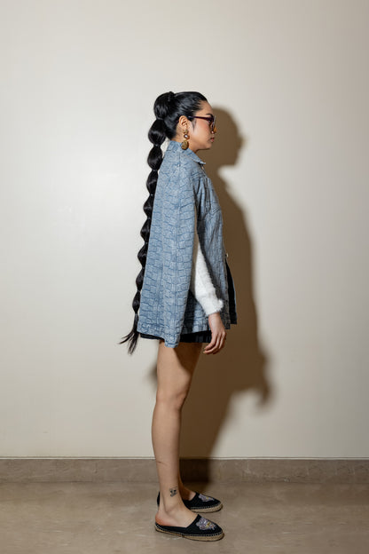 Button-Front Textured Denim Cape
