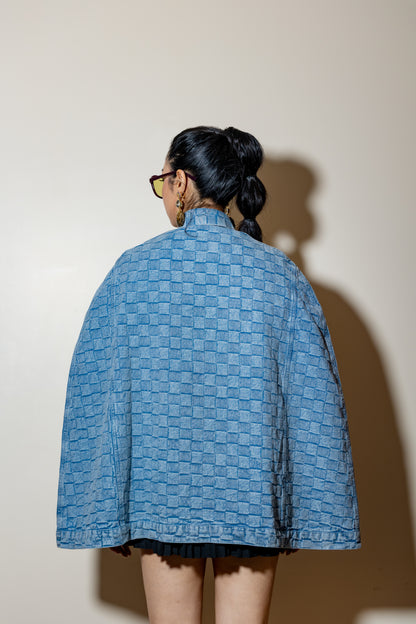 Button-Front Textured Denim Cape