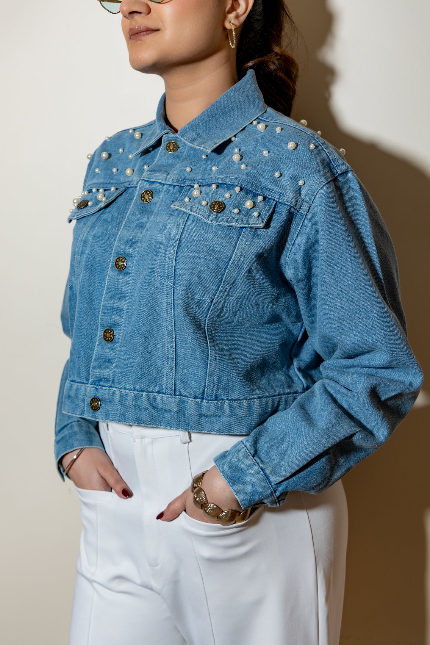 Pearl Detail Crop Denim Jacket