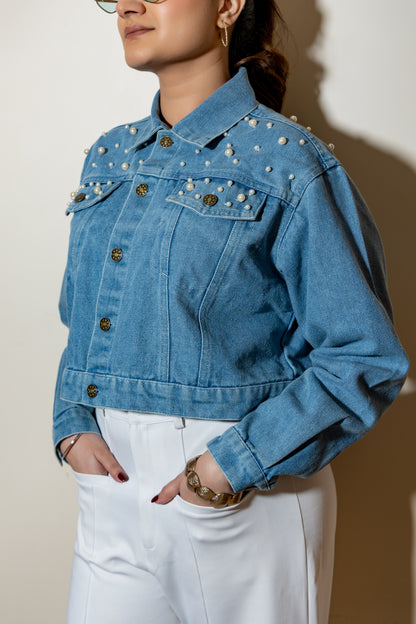 Pearl Detail Crop Denim Jacket
