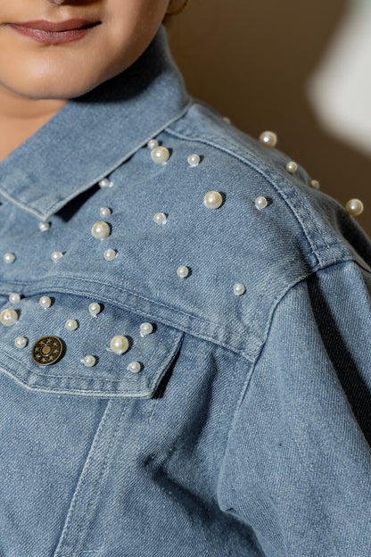 Pearl Detail Crop Denim Jacket