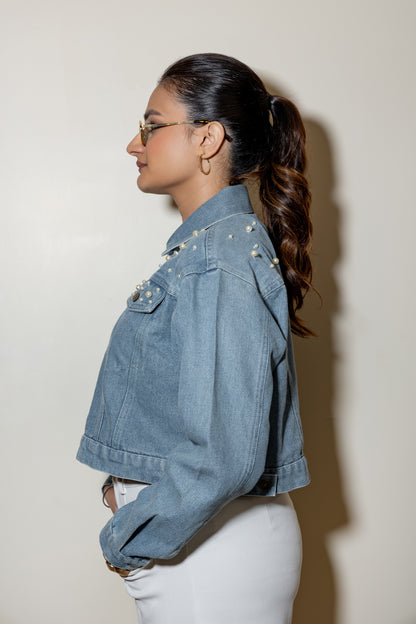Pearl Detail Crop Denim Jacket