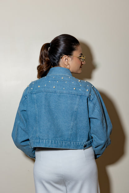 Pearl Detail Crop Denim Jacket