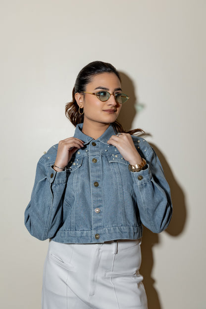 Pearl Detail Crop Denim Jacket